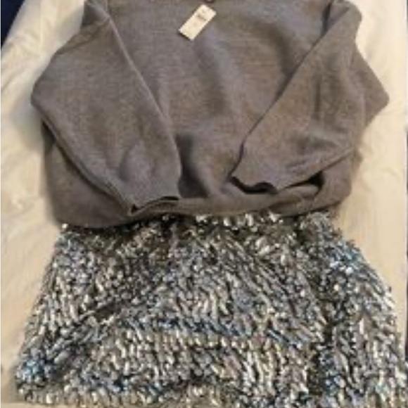 NWT Anthropologie Glamorous Gray Sweater Dress with  Silver Sequin Midi  Skirt - Picture 2 of 10